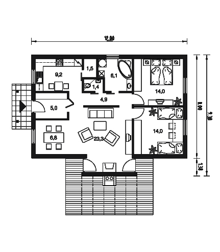 Funkcjonalny projekt domu parterowego z dwuspadowym dachem dla 3-4-osobowej rodziny, salon z kominkiem, dwie przestronne sypialnie, projekt nowoczesny