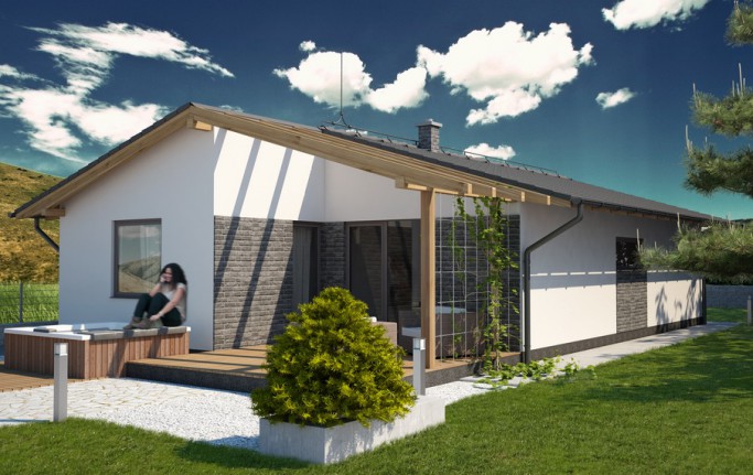 Średniej wielkości parterowy dom z czterospadowym dachem i dwustanowiskowym garażem dla wymagających, trzy duze sypialnie z widokiem na ogród, dwustanowiskow garaż w bryle