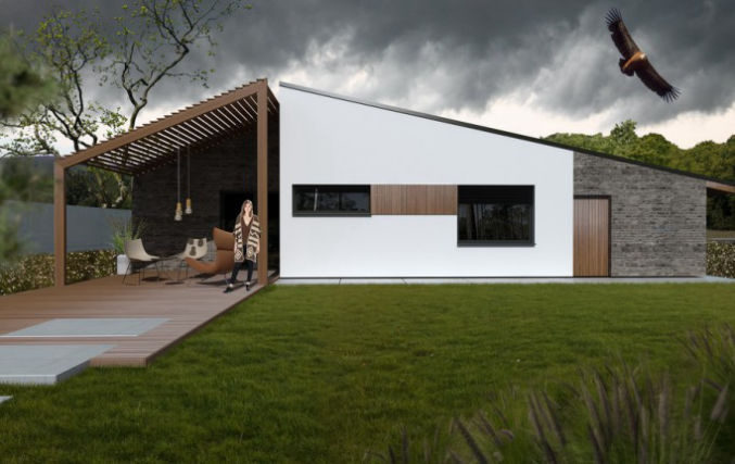 Parterowy projekt domu z dwuspadowym dachem dla 2-3-osobowej rodziny, salon z wyjściem na taras, pralnia, dwie sypialnie, jednostanowiskowy garaż i pomieszczenie gospodarcze