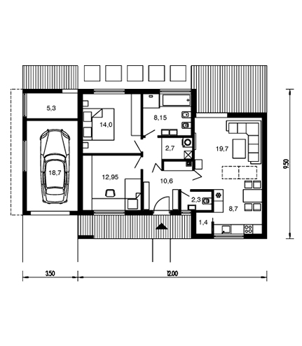 Parterowy projekt domu dla 2-3-osobowej rodziny z dwuspadowym dachem, salon z wyjściem na taras, pralnia i dwie sypialnie, jednostanowiskowy garaż oraz pomieszczenie gospodarcze