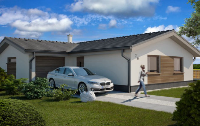 Niewielki dom parterowy z garażem na jeden samochód, dwie sypialnie z widokiem na ogród, pralnia