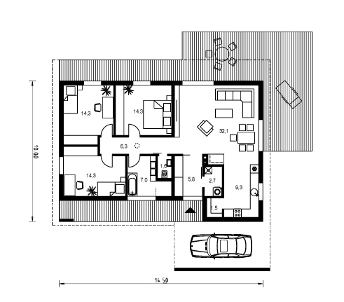 Kompaktowy projekt domu z otwartym salonem dla 3-4-osobowej rodziny. Otwarty, dobrze oświetlony salon, trzy sypialnie, komfortowa łazienka z oknem, rozplanowany układ wnętrza, prosta konstrukcja, funkcjonalny