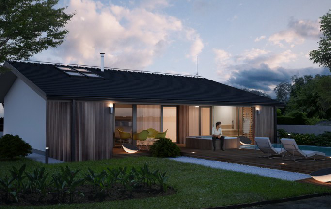 Projekt domu dla 3-4-osobowej rodziny z dachem dwuspadowym, salon z wyjściem na ogród, trzy sypialnie, sauna, pomieszczenie gospodarcze