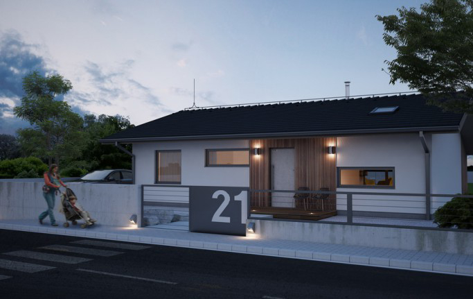 Projekt domu dla 3-4-osobowej rodziny z dachem dwuspadowym, salon z wyjściem na ogród, trzy sypialnie, sauna, pomieszczenie gospodarcze