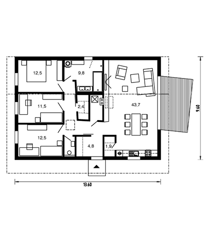 Parterowy projekt domu dla 3-4-osobowej rodziny z dwuspadowym dachem, przestronny salon z wyjściem na taras, duże okna tarasowe, garderoba, pralnia, trzy sypialnie