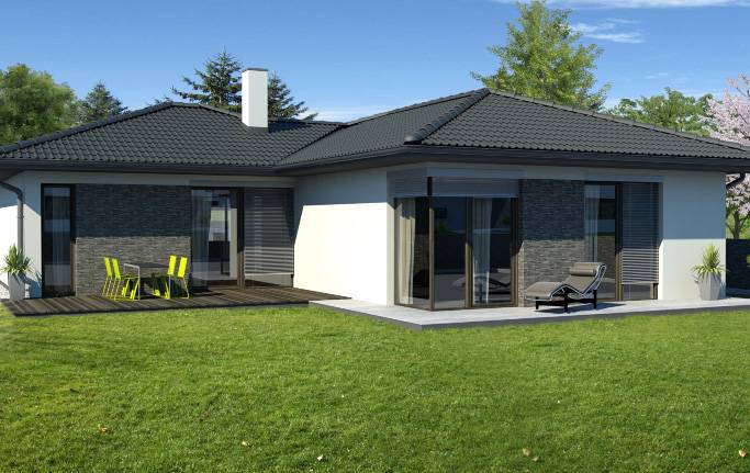 Elegancki dom parterowy przekryty dachem kopertowym, trzy sypialnie z wyjściem do ogrodu, komfortowy i funkcjonalny projekt domu