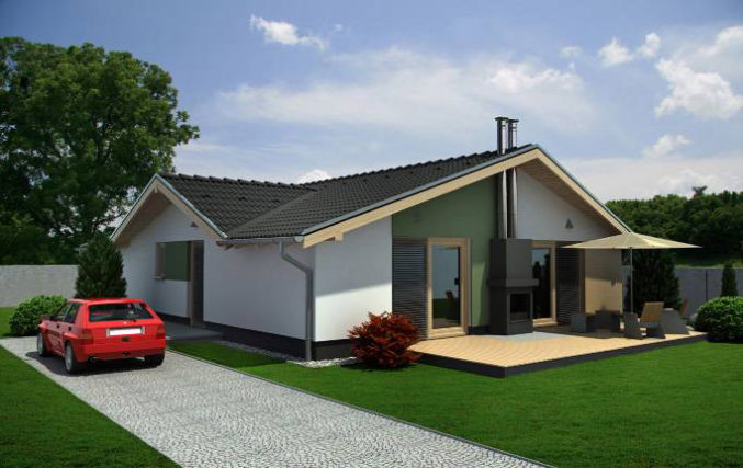 Średniej wielkości projekt domu z dwuspadowym dachem, przestronny salon z kominkiem, dom z wyjściem na taras