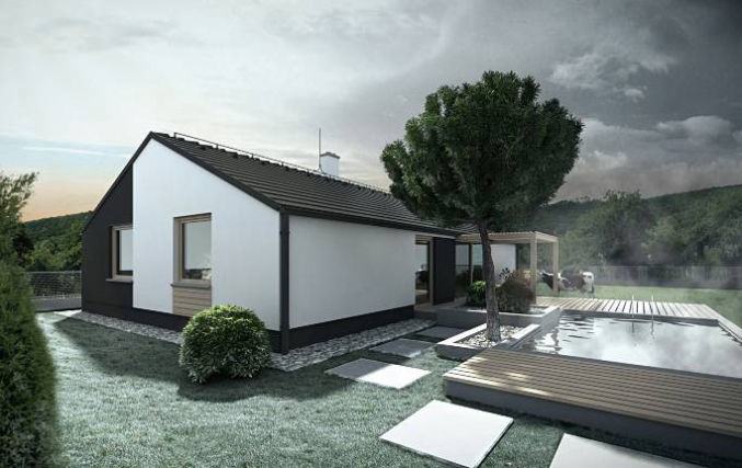 Funkcjonalny projekt domu na planie prostokąta z dwuspadowym dachem, trzy sypialnie, łazienka i pralnia, prosty w budowie