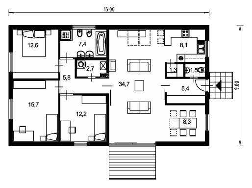 Funkcjonalny projekt domu na planie prostokąta z dwuspadowym dachem. Strefa nocna to trzy sypialnie z ogólnodostępną łazienką i pralnią. To prosty w budowie projekt domu