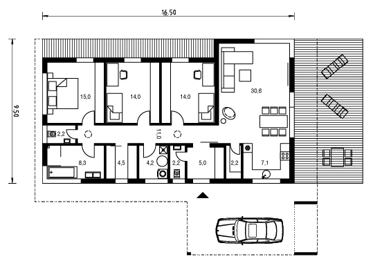 Kompaktowy projekt domu z czterospadowym dachem dla 3-4-osobowej rodziny. Przestronny salon z wyjściem na ogród i trzy sypialnie. Dom parterowy o prostej bryle