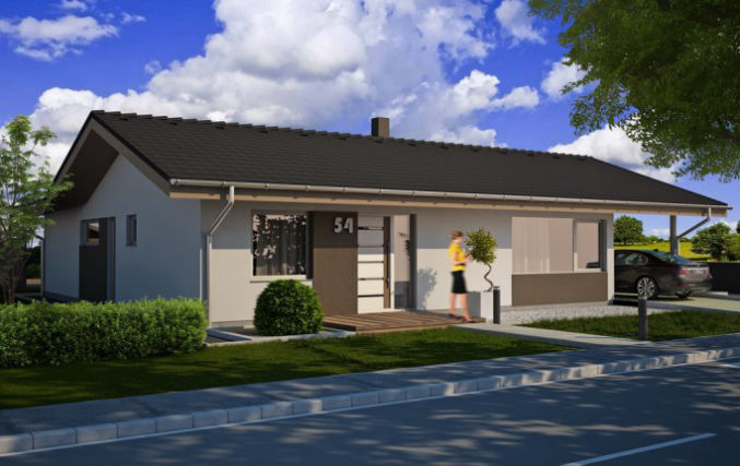 Duży i funkcjonalny parterowy projekt domu w L dla 4-5-osobowej rodziny, cztery sypialnie, wiata na jeden samochód i dwuspadowy dach
