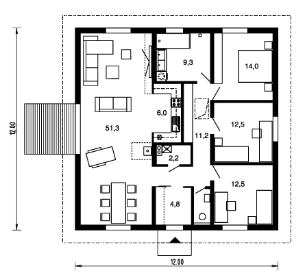 Parterowy projekt domu na planie kwadratu z czterospadowym dachem będzie idealnym dopełnieniem dla 3-4-osobowej rodziny. Część reprezentacyjna to przestronny salon jednoprzestrzennie poąłczony z jadalnią i miejscem przy kominku