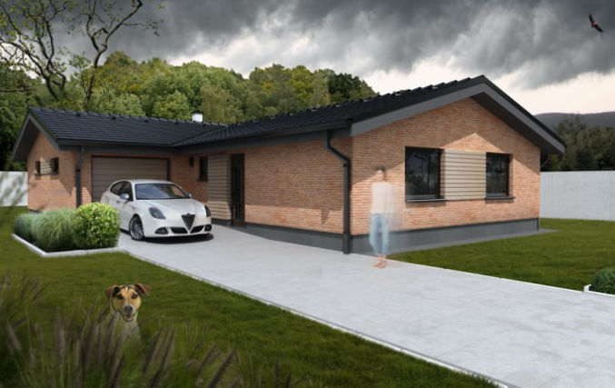 Średniej wielkości parterowy projekt domu dla 3-4-osobowej rodziny, spiżarka w kuchni, trzy sypialnie, jednostanowiskowy garaż