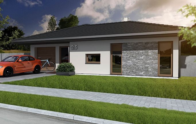 Urokliwy projekt domu z czterospadowym dachem, otwarta kuchnia ze spiżarką trzy sypialnie z wjściem do ogrodu, jednostanowiskowy garaż