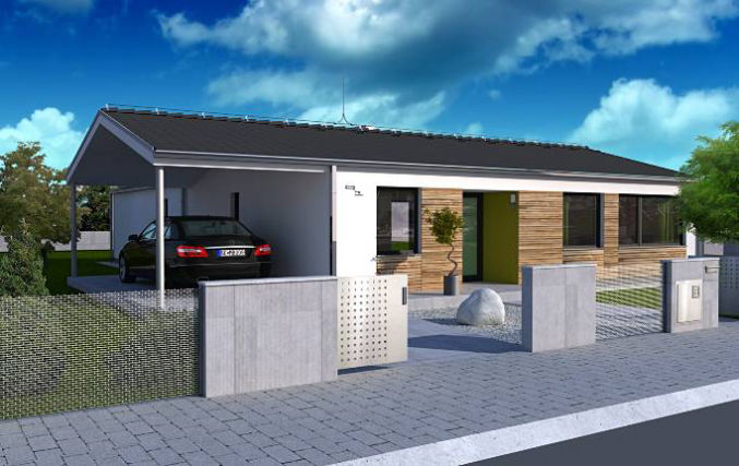 Parterowy projekt domu na planie litery L i dwuspadowym dachem, pralnia, garderoba, trzy sypialnie dla 3-4-osobowej rodziny, wiata garażowa na jeden samochód
