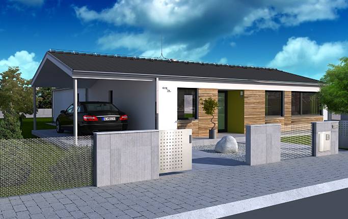 Parterowy projekt domu na planie litery L i dwuspadowym dachem, pralnia i garderoba, trzy sypialnie, przedłużony dach tworzy wiatę garażową na jeden samochód