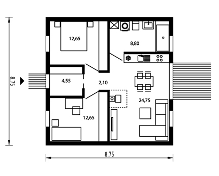 Mały i funkcjonalny projekt domu parterowego na planie kwadratu dla 2-3-osobowej rodziny, tani w wykonaniu, dom z dwiema wygodnymi sypialniami i bogatym programem funkcjonalnym