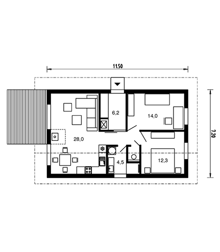 Niewielki domek z dwuspadowym dachem dla 2-3-osobowej rodziny, przestronny salon z kominkiem i otwartą kuchnią, dwie sypialnie, kompleksowy i klasyczny dom parterowy