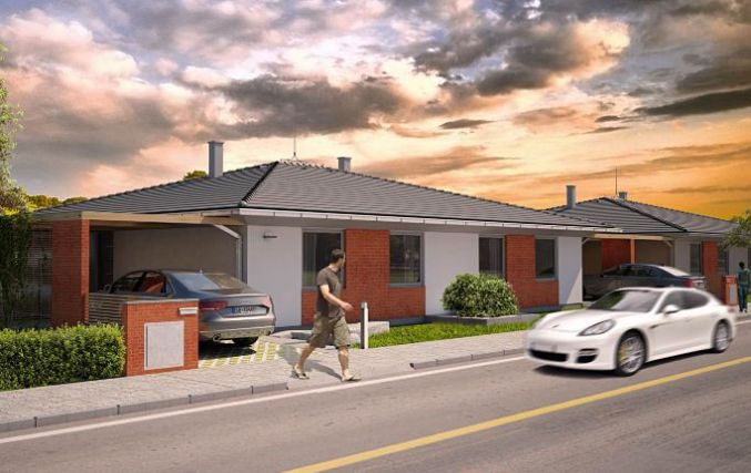 Funkcjonalny dom parterowy z czterospadowym dachem, bliźniak lub dom dla dwóch rodzin, wiata na samochód