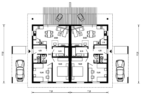 Funkcjonalny dom parterowy z czterospadowym dachem, osobnym wejściem i wiatą na samochód. Bliźniak lub dom dla dwóch rodzin
