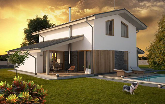 Projekt domu z poddaszem i garażem z boku budynku dla sześcioosobowej rodziny, pralnia, master bedroom z łazienką i garderobą, dom praktyczny dla dużej rodziny
